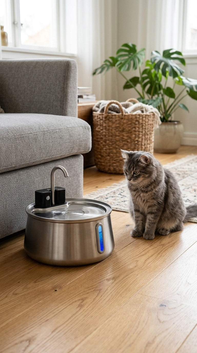 Gato junto a la fuente AquaPet con sensor