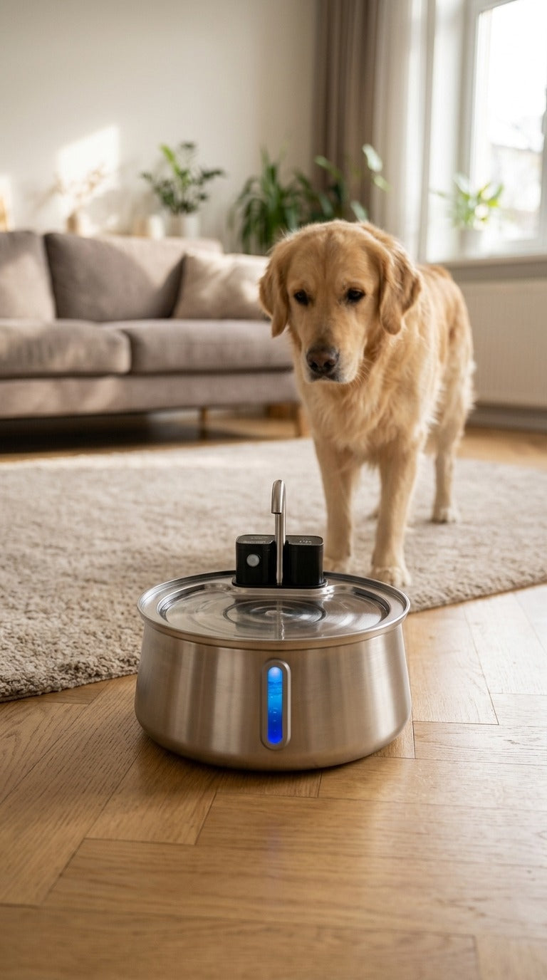 Perro bebiendo de la fuente AquaPet con sensor en el salón