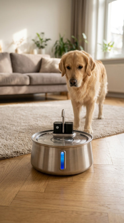 Perro bebiendo de la fuente AquaPet con sensor en el salón