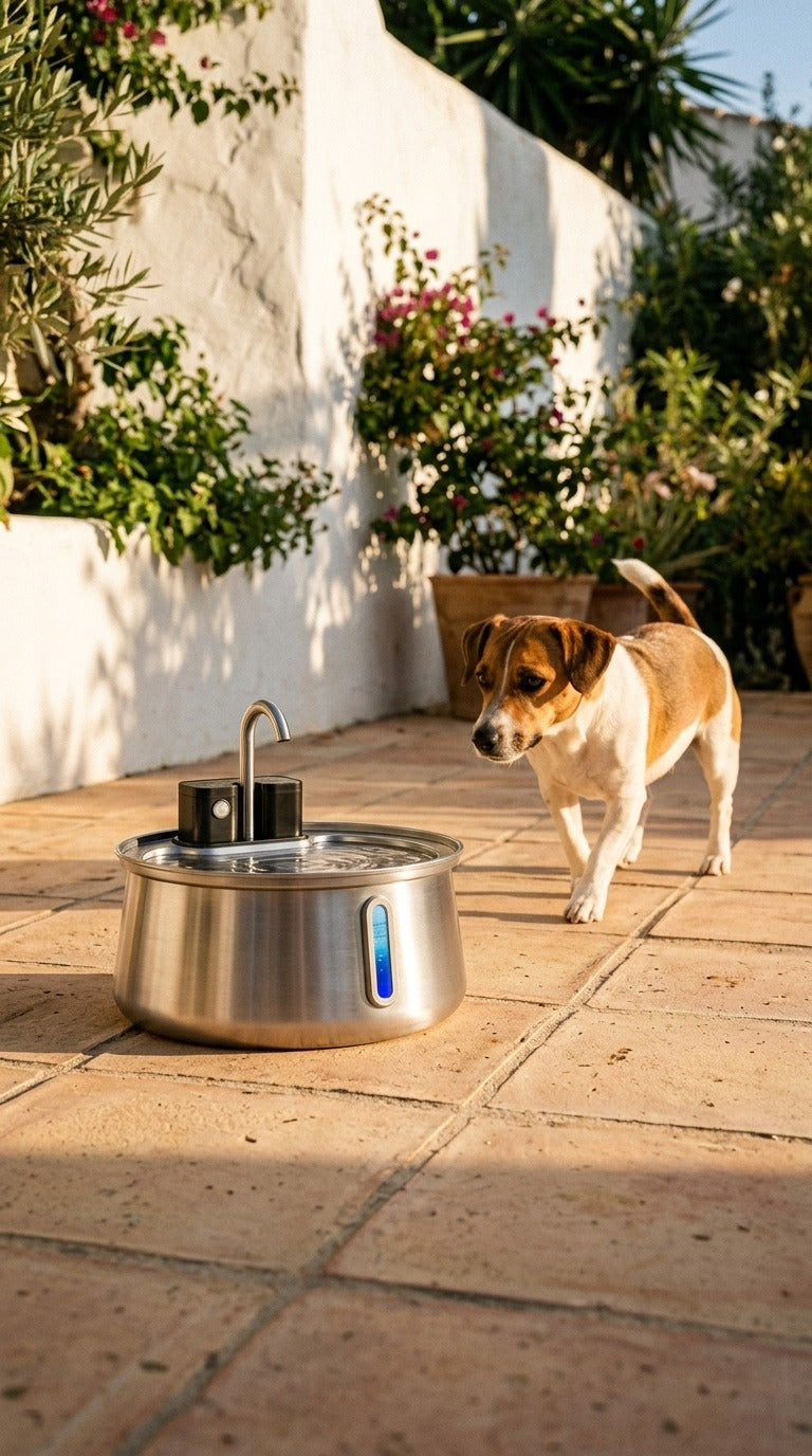 Perro con la fuente AquaPet en la terraza