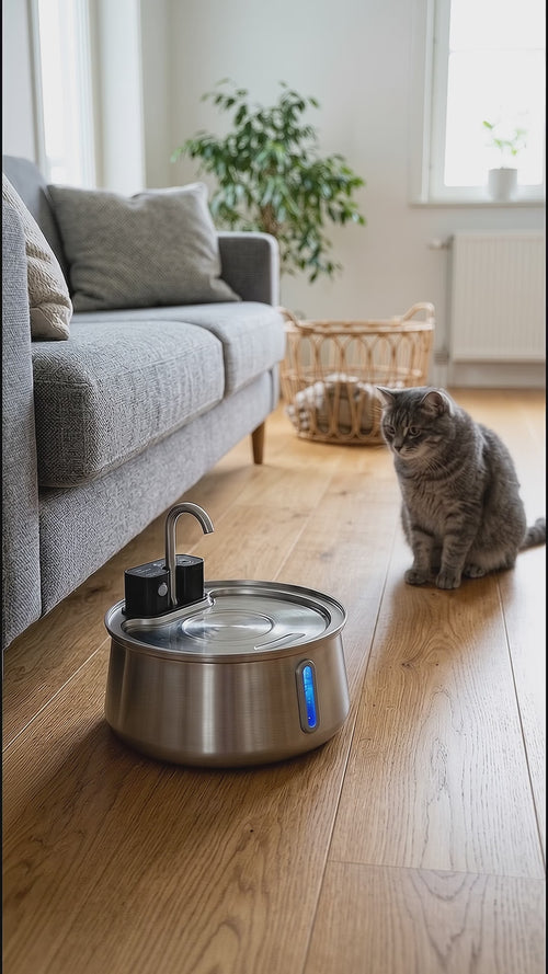 Vídeo de la fuente AquaPet con sensor (generado con IA)